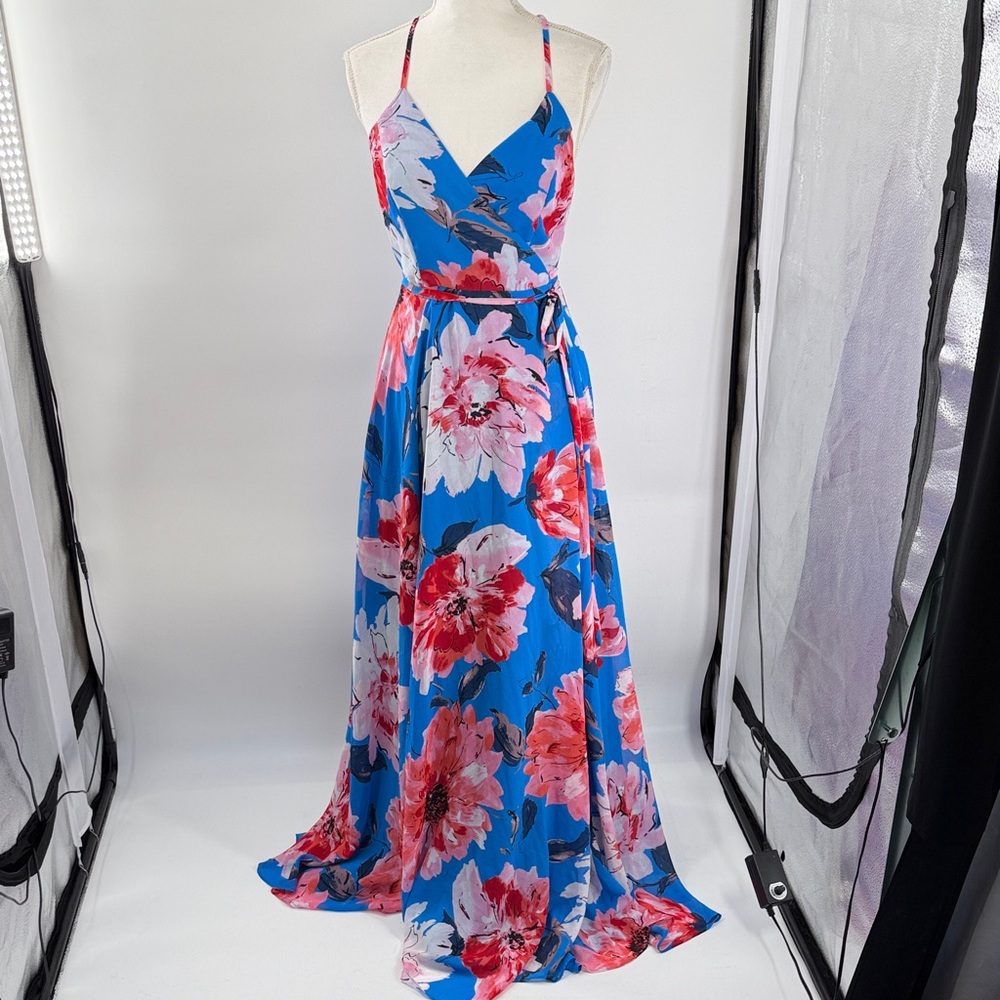 Lulus Always There For Me Blue Floral Print Wrap Maxi Dress M - Picture 2 of 8